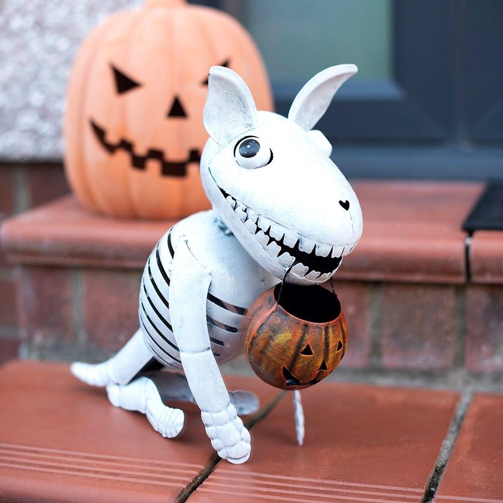 Something Different - Metal Skeleton Dog Ornament with Pumpkin Tuin beeld/figuur - Multicolours
